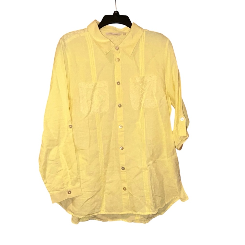 Soft Surroundings Yellow Linen Blend Blouse Large Lace Detail Roll Tab‎ Sleeves